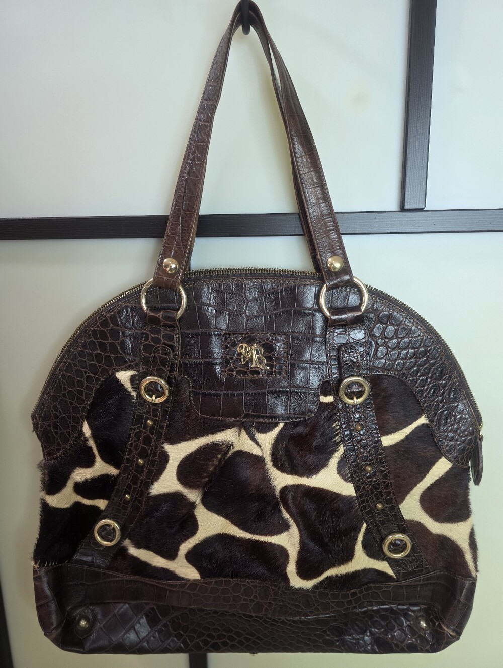 Classy Maeco Buggiani Stylish Brown Calf Hair Fur Giraffe-Print Tote Bag 17 x 16